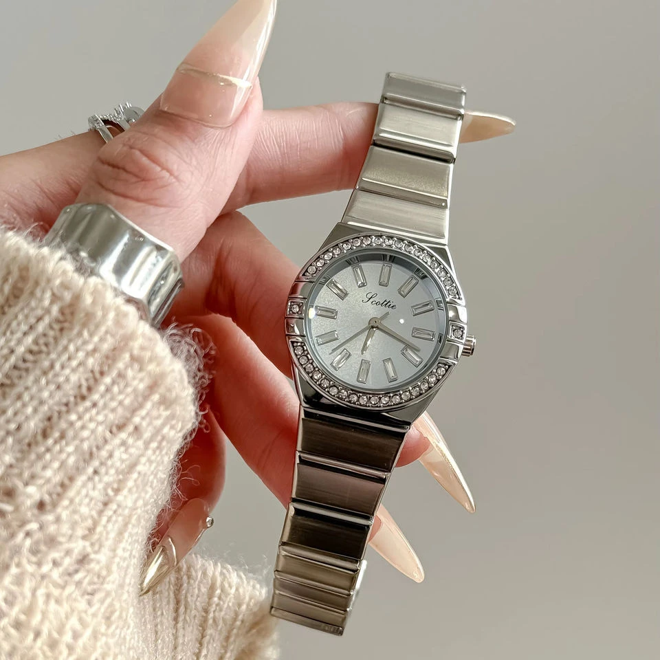 Montre de luxe en acier inoxydable pour femme, cristaux incrustés